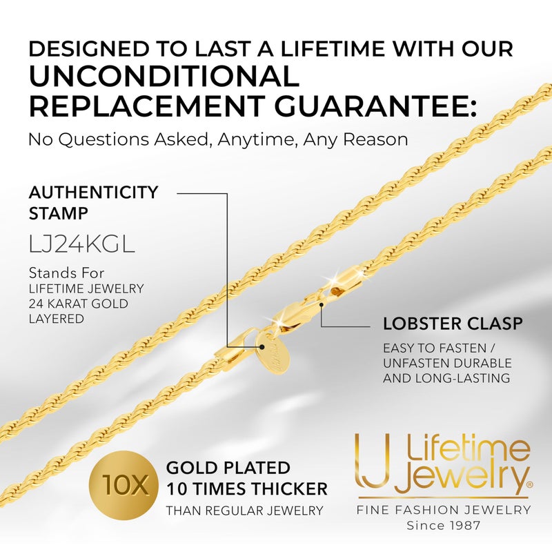 LIFETIME JEWELRY 3mm Gold Rope Chain for Men & Women 24k Real Gold Plated Diamond Cut Gold Chain Necklace Women & Necklace for Men 14 to 36 Inch (16 inches, Gold) - Image 5